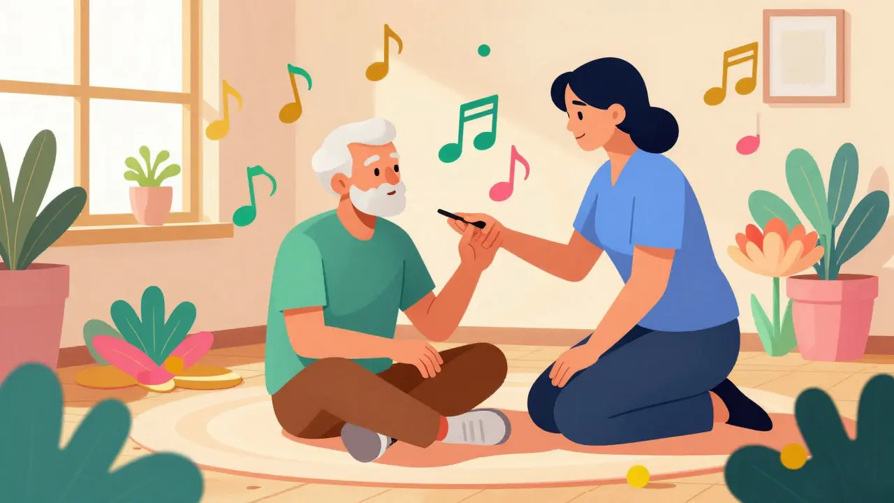 Senior receiving music therapy and holistic care from a helper