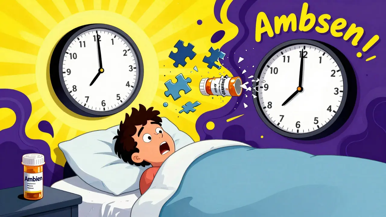 Someone waking up as memory pieces float away from their mind, with a crumbling Ambien bottle nearby.