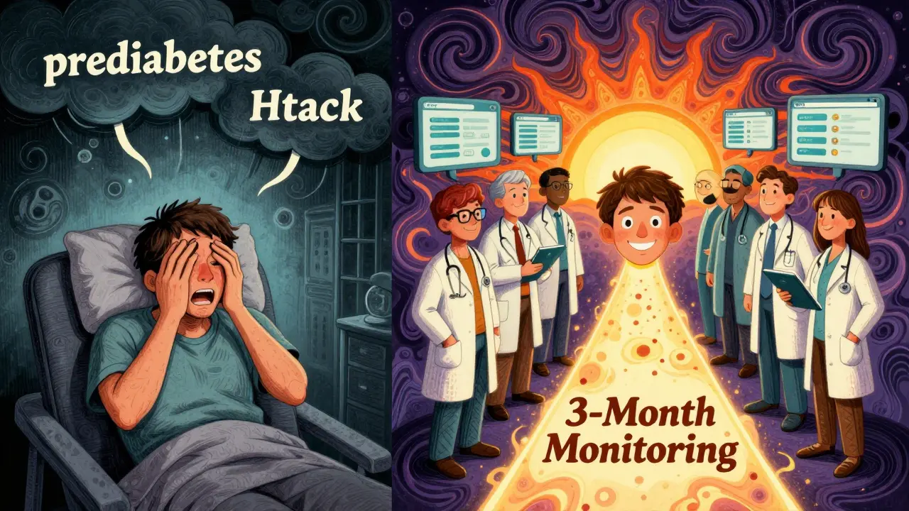 Split scene: one side shows a distressed patient with looming health threats, the other shows the same person supported by a care team and automated monitoring alerts under a rising sun.
