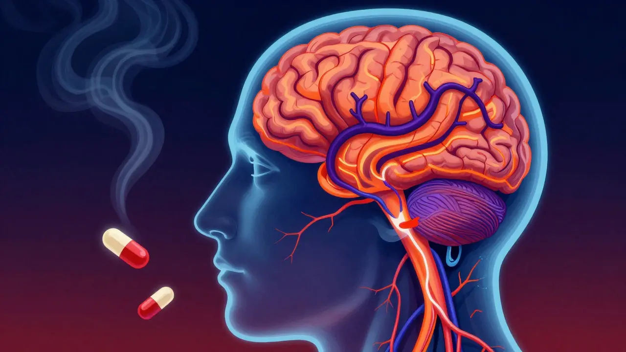 Stylized brain illustration showing blood flow and stroke risk