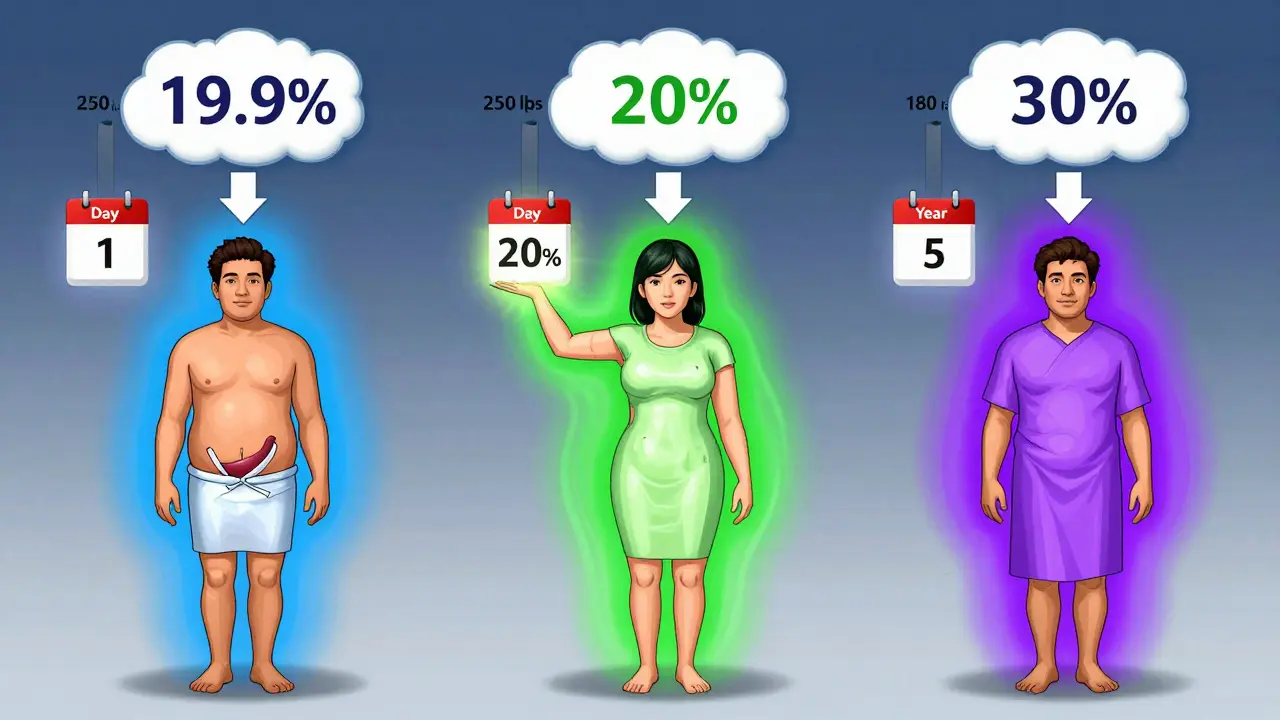 Three patients emit color-coded energy fields representing different weight loss percentages after metabolic surgery.