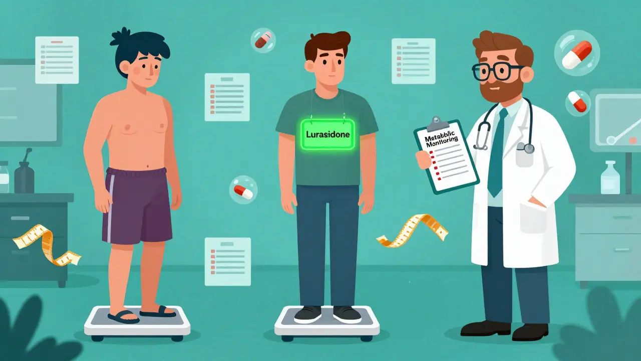 Three patients on different scales with metabolic indicators, one labeled Olanzapine, another Lurasidone, and a third with metformin pills floating nearby, in a trippy clinic setting.