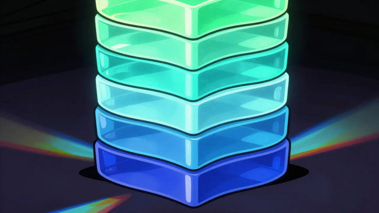 Translucent liquid blocks stacked vertically representing payment stages.
