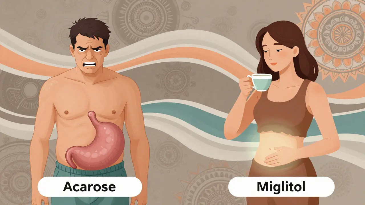 Two patients side by side: one bloated from acarbose, another calm with miglitol, illustrated in psychedelic cartoon style.