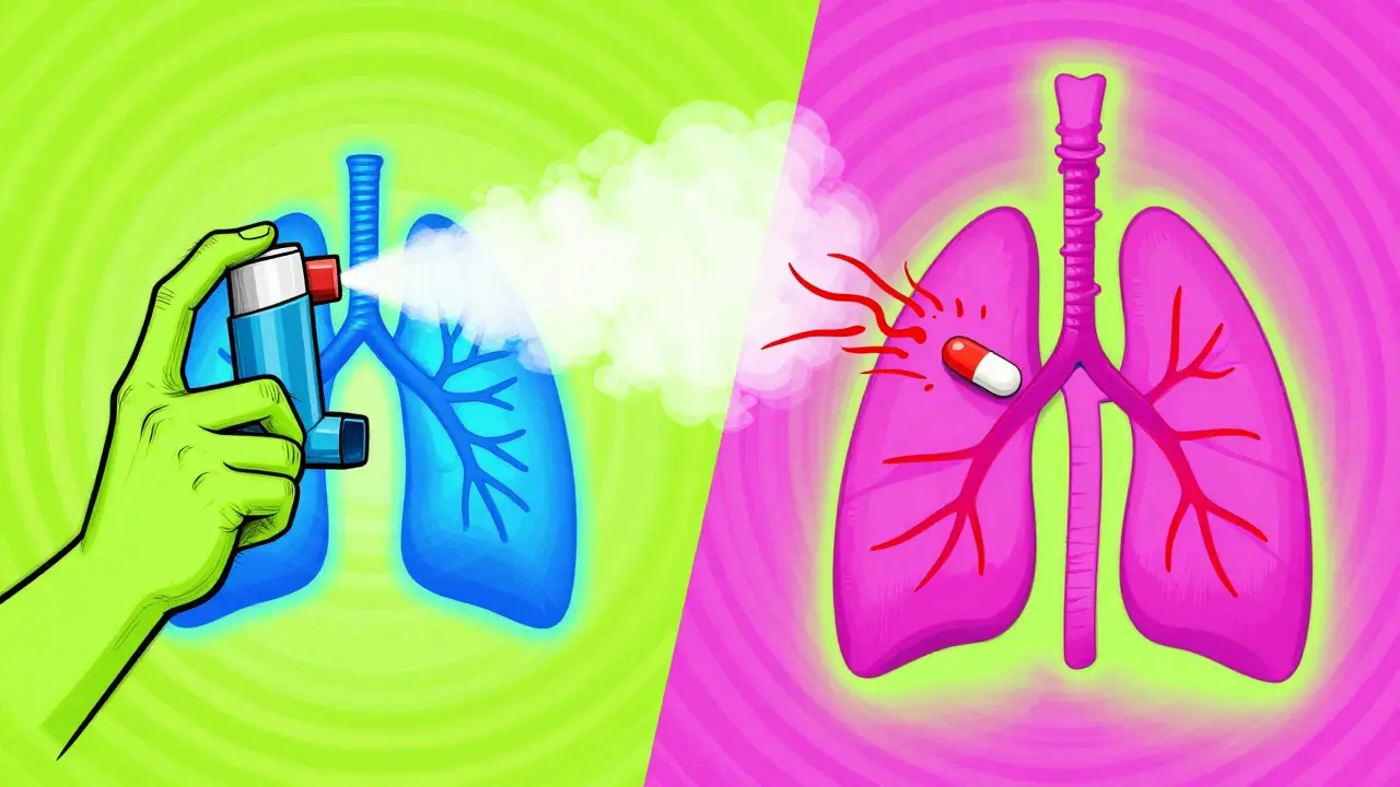Visual comparison of inhaler mist versus pill dispersion in the body.