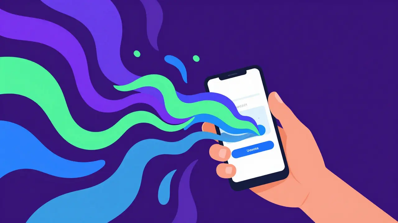 Abstract artistic depiction of a person using a smartphone for online shopping.