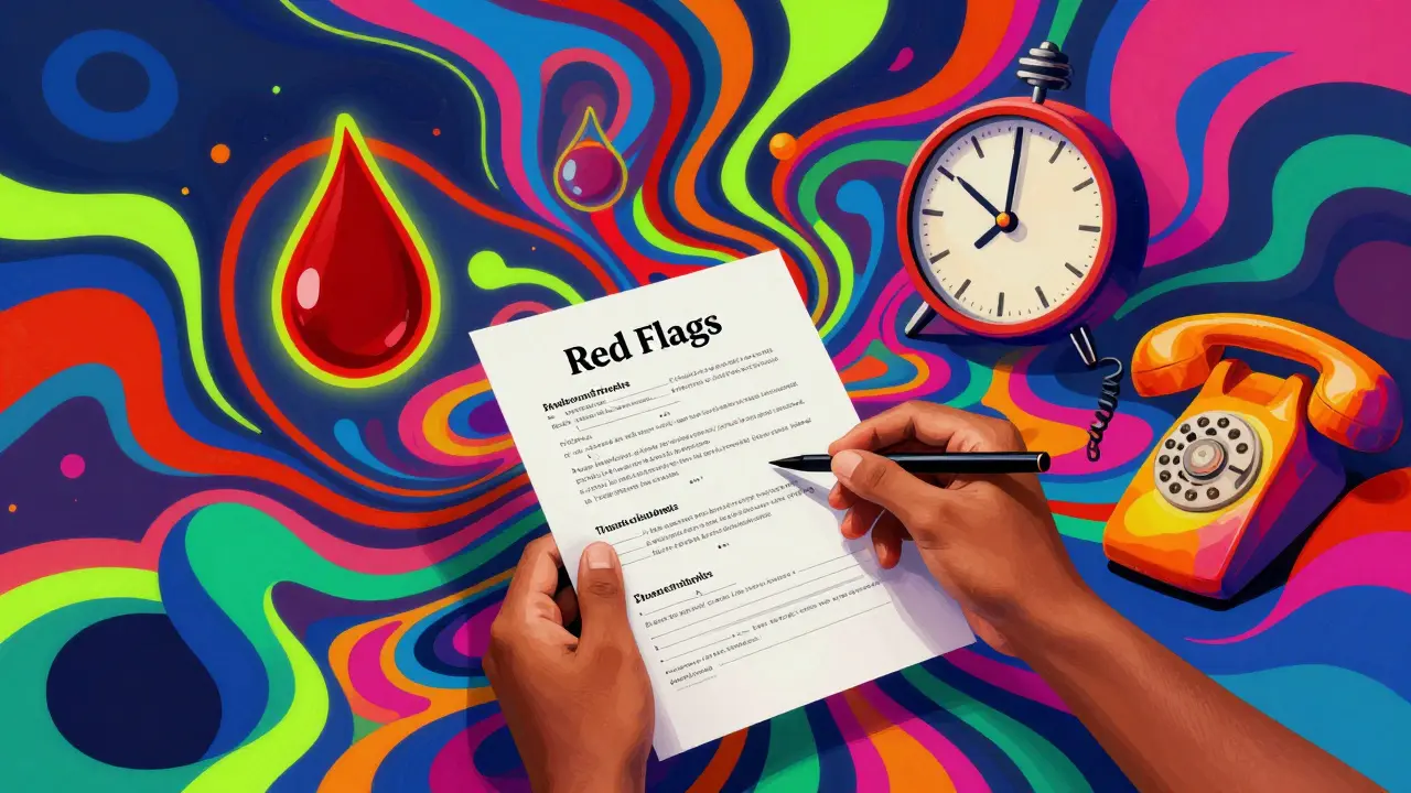 Abstract colorful depiction of medical red flags like blood tests and clocks in a fluid style.