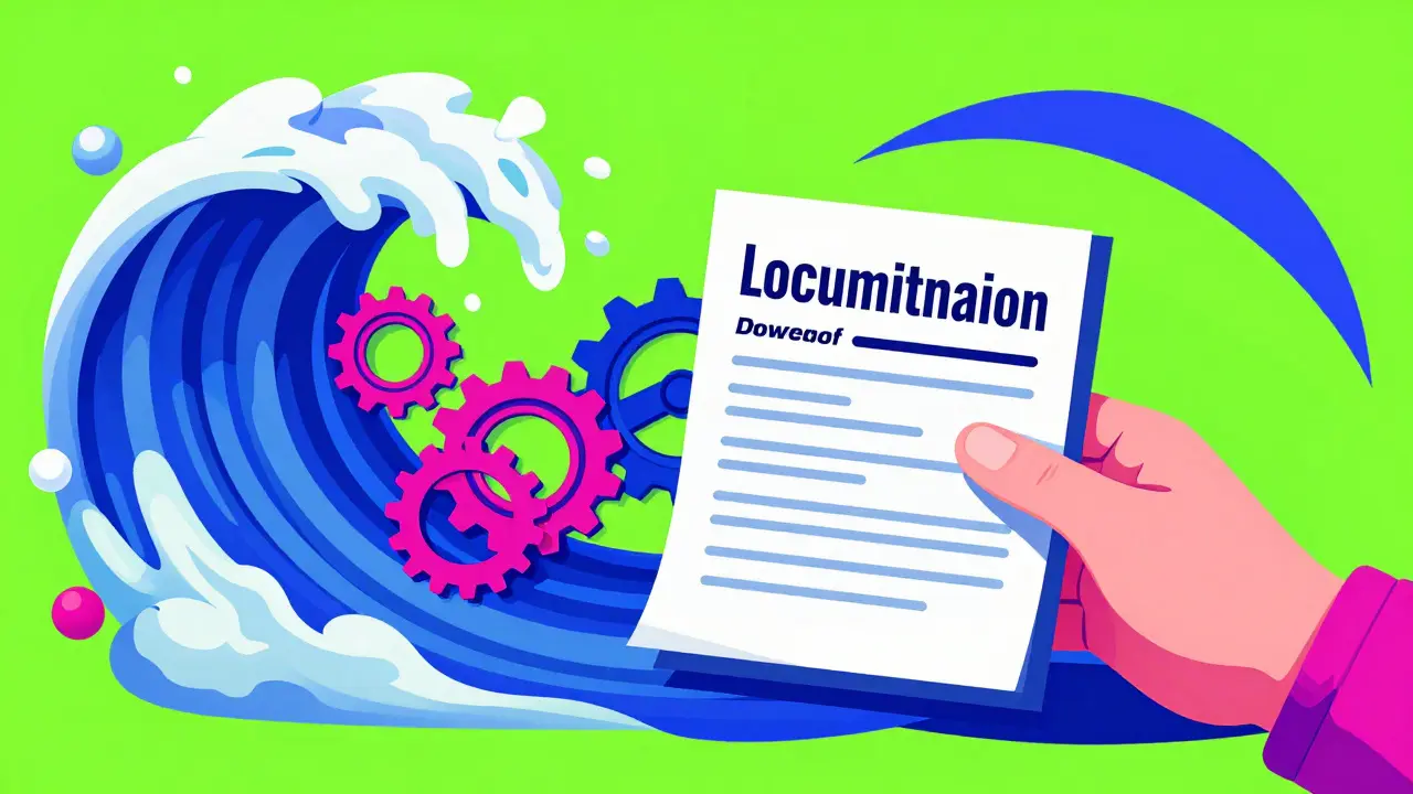 Abstract psychedelic art showing a report being filed, transforming into protective colorful gears.