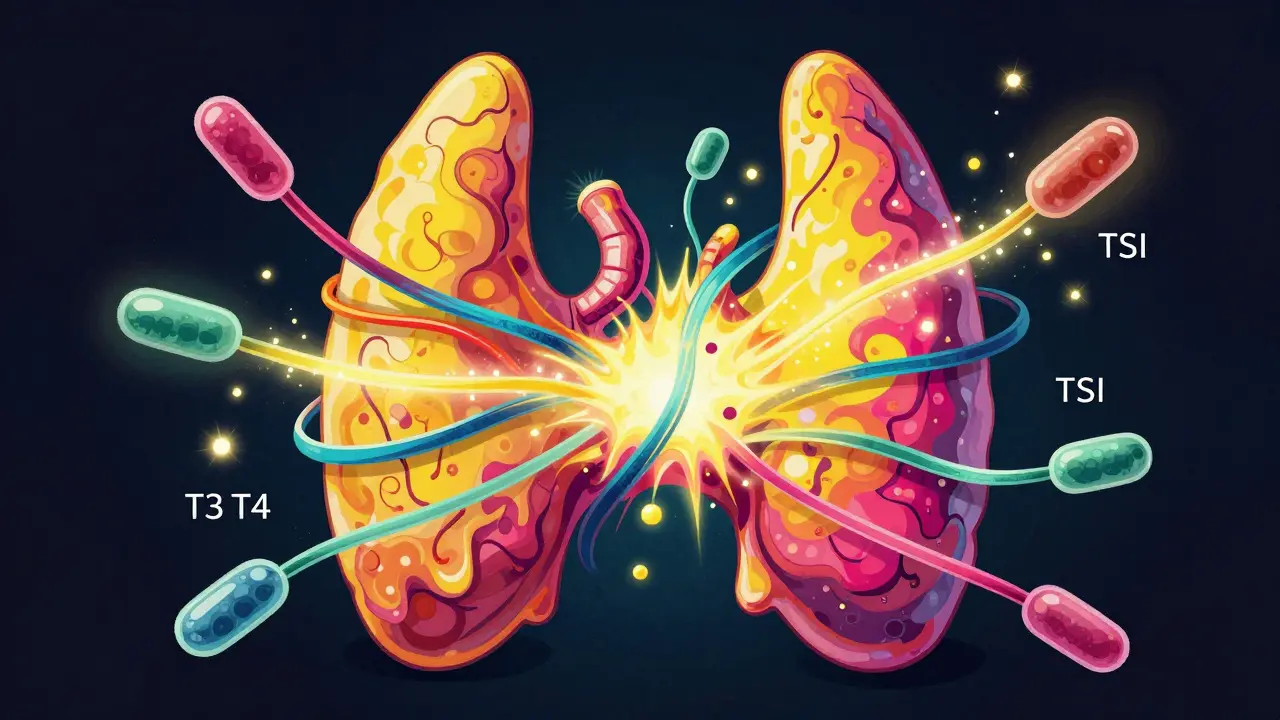 Abstract Wes Wilson style art of a butterfly-shaped thyroid gland being stimulated by colorful antibodies.