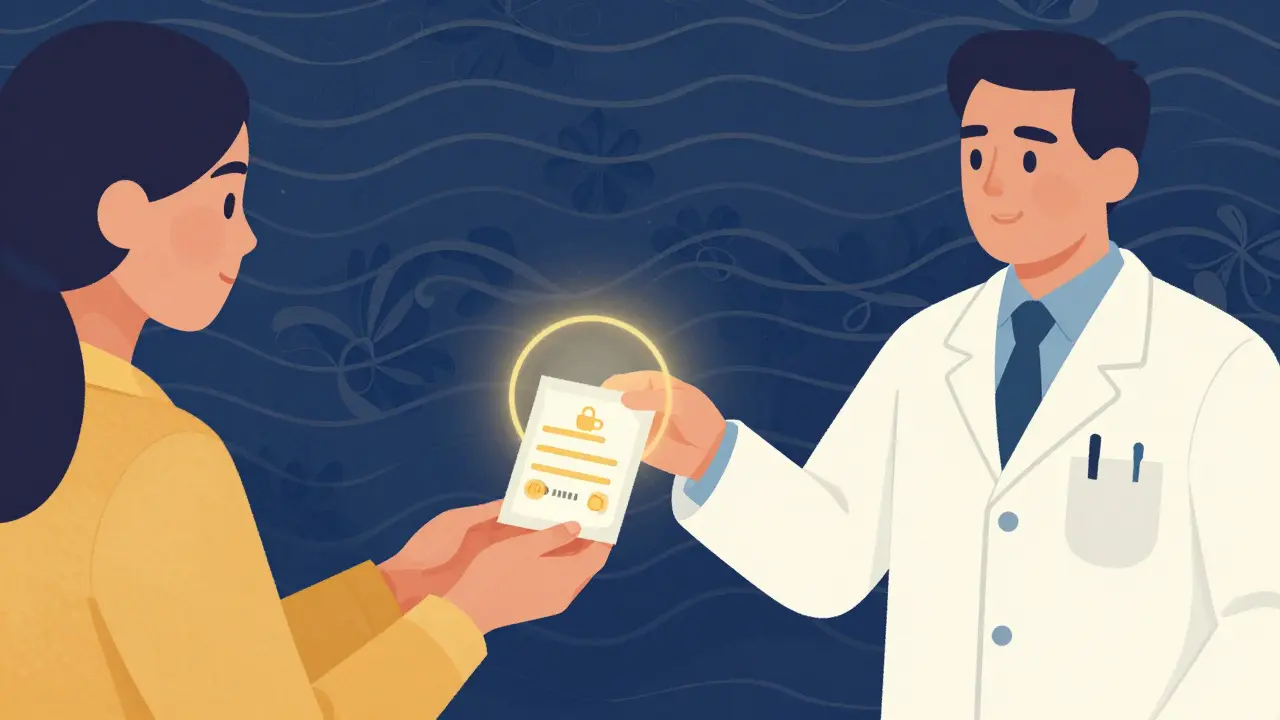 Artistic depiction of a pharmacist delivering medication within a flowing, harmonious background.