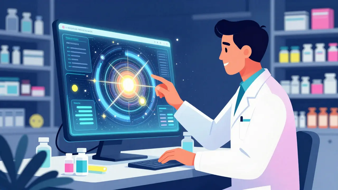 Pharmacist using a colorful, geometric digital interface for drug safety reporting