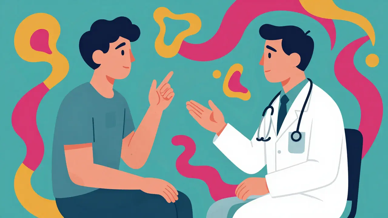Stylized colorful illustration of a patient and doctor talking amidst kaleidoscopic patterns.