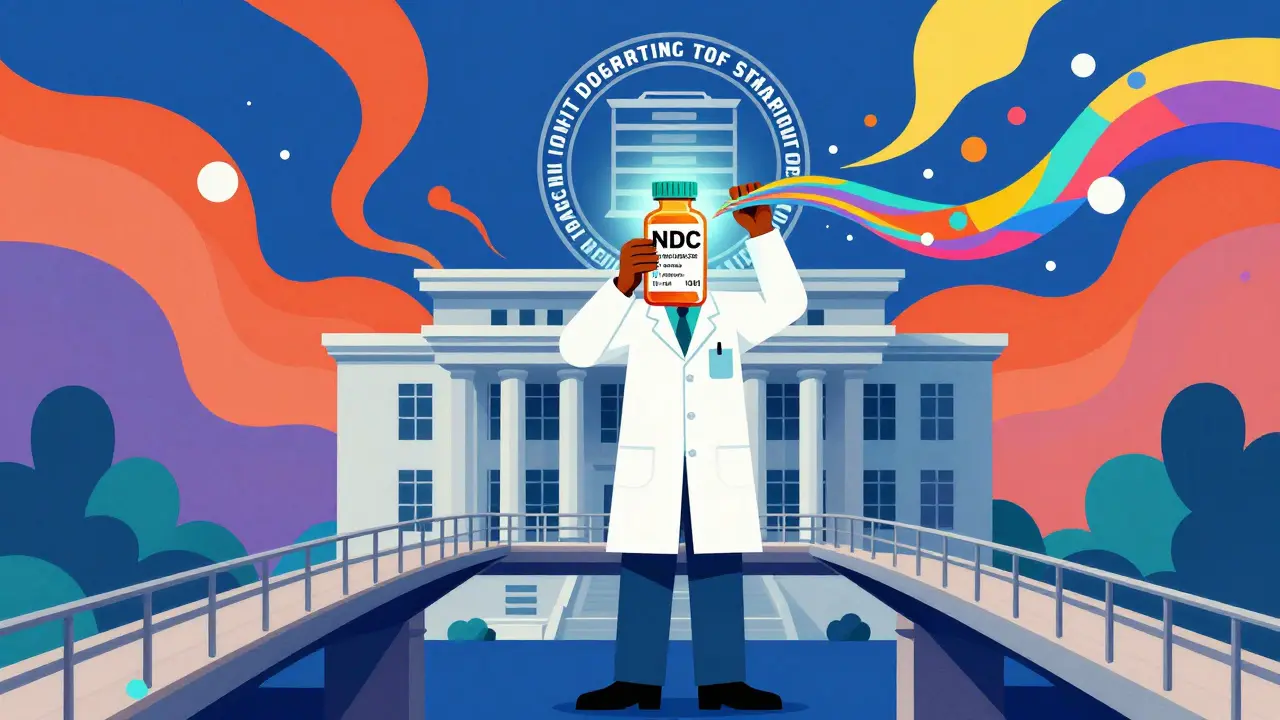 Stylized data ribbons flowing from a medication bottle to a safety database