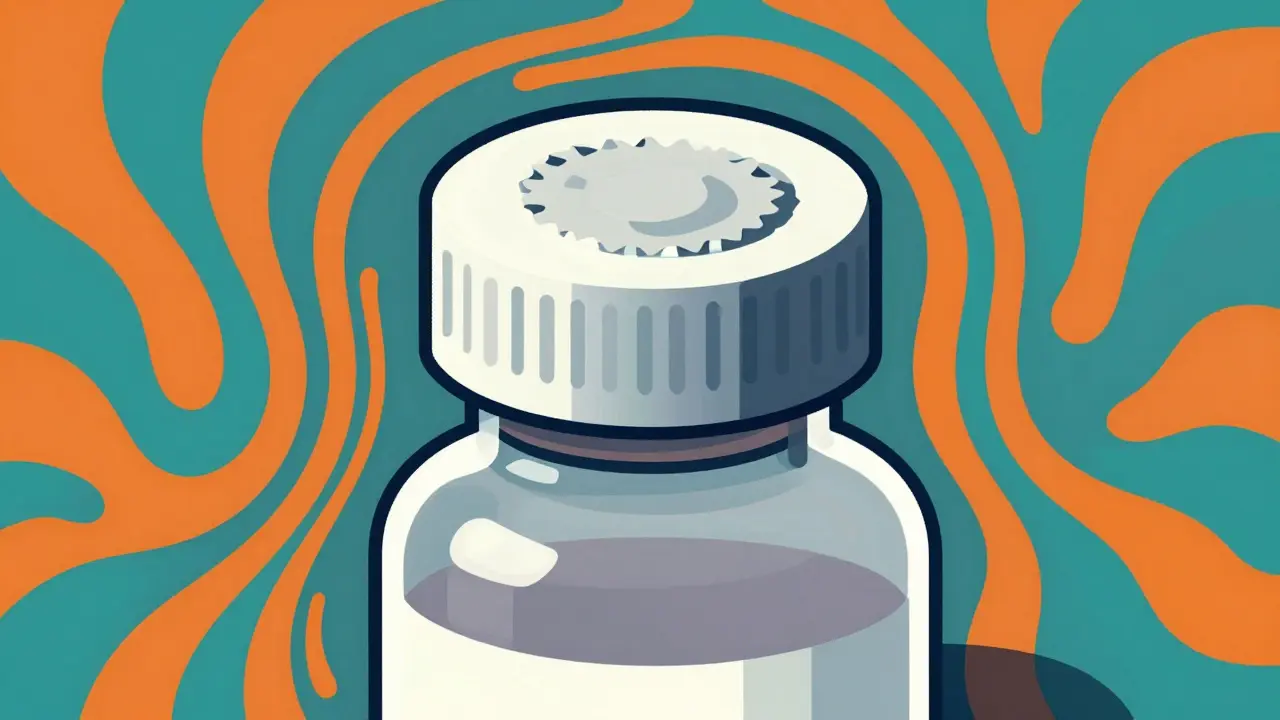 Stylized graphic illustration of a medicine bottle with a focus on the safety seal.
