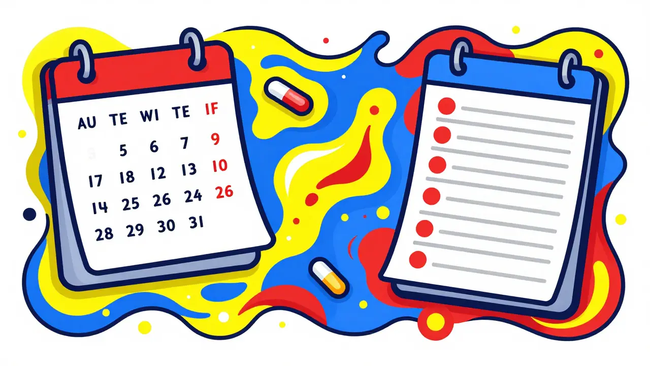 Stylized illustration of a color-coded medical calendar with vibrant psychedelic shapes.