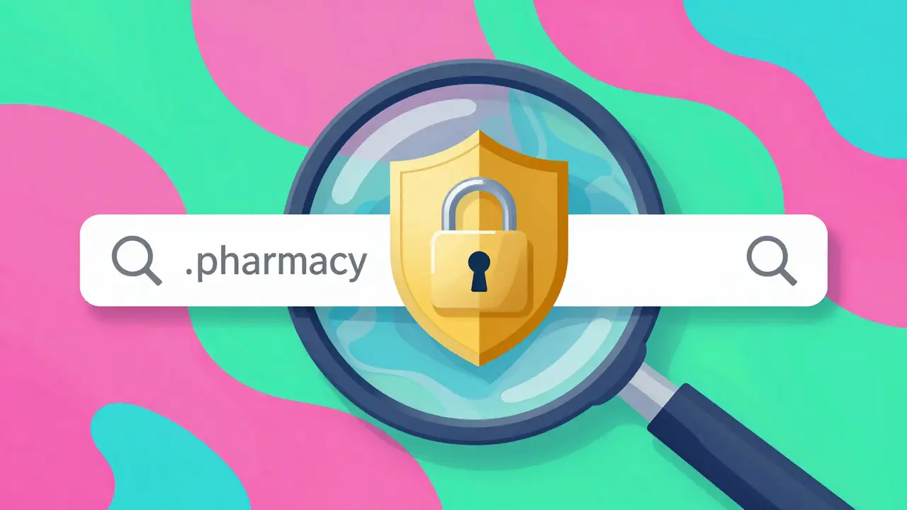 Stylized illustration of a magnifying glass analyzing a secure website address with neon colors.