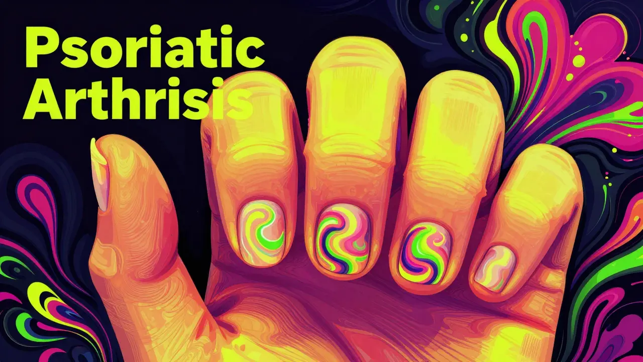 Stylized illustration of swollen sausage-like fingers and pitted nails in a psychedelic style.