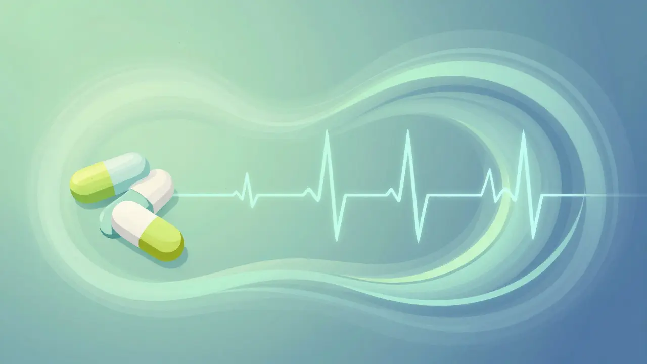 Stylized illustration showing the transition from erratic heart rhythms to stability through medication.
