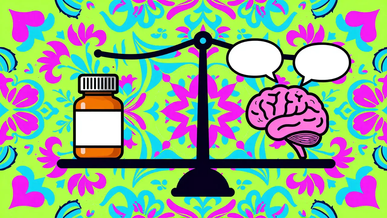 Balanced scale of medication and therapy icons in vibrant Wes Wilson style.