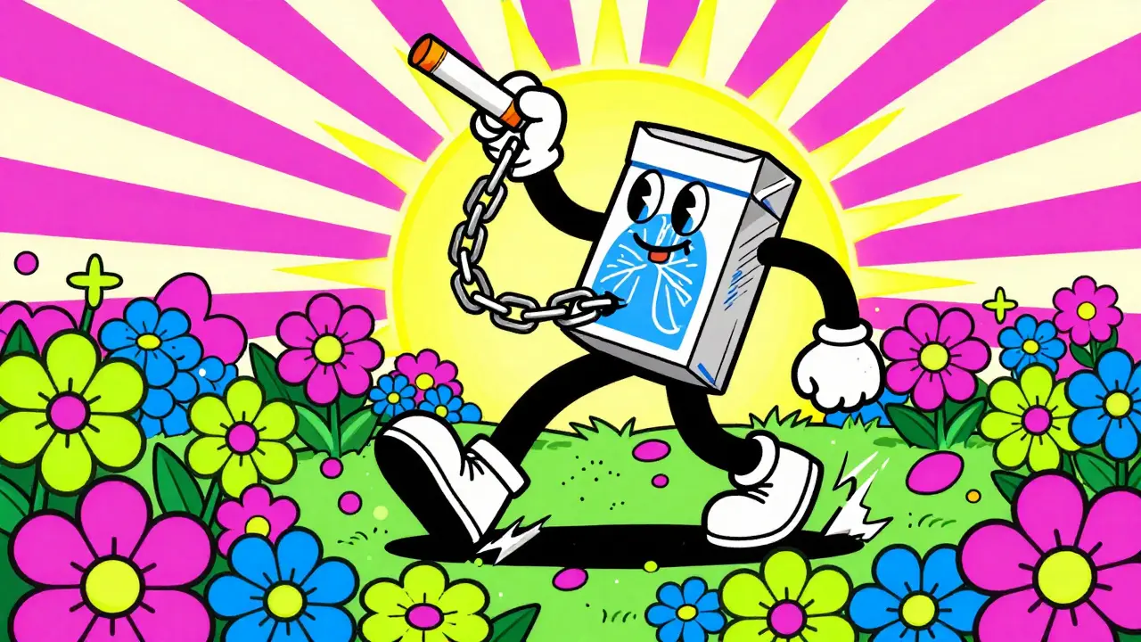 Cartoon of a person breaking free from cigarette chains into flowers