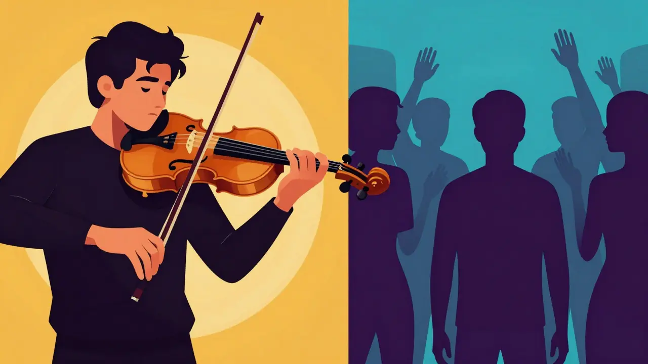 Contrasting scenes: calm musician vs anxious partygoer in retro poster style.