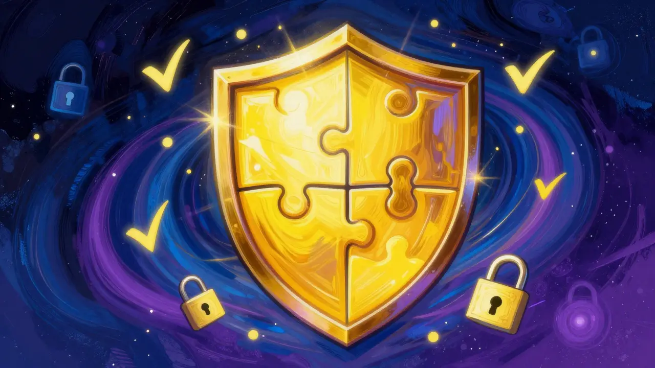 Glowing shield of safety with puzzle pieces in psychedelic art