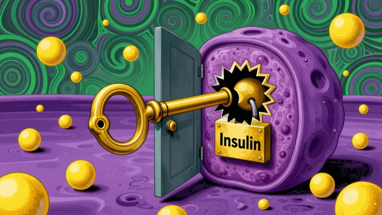 Graphic art showing an insulin key failing to unlock a cell, with glucose floating nearby.