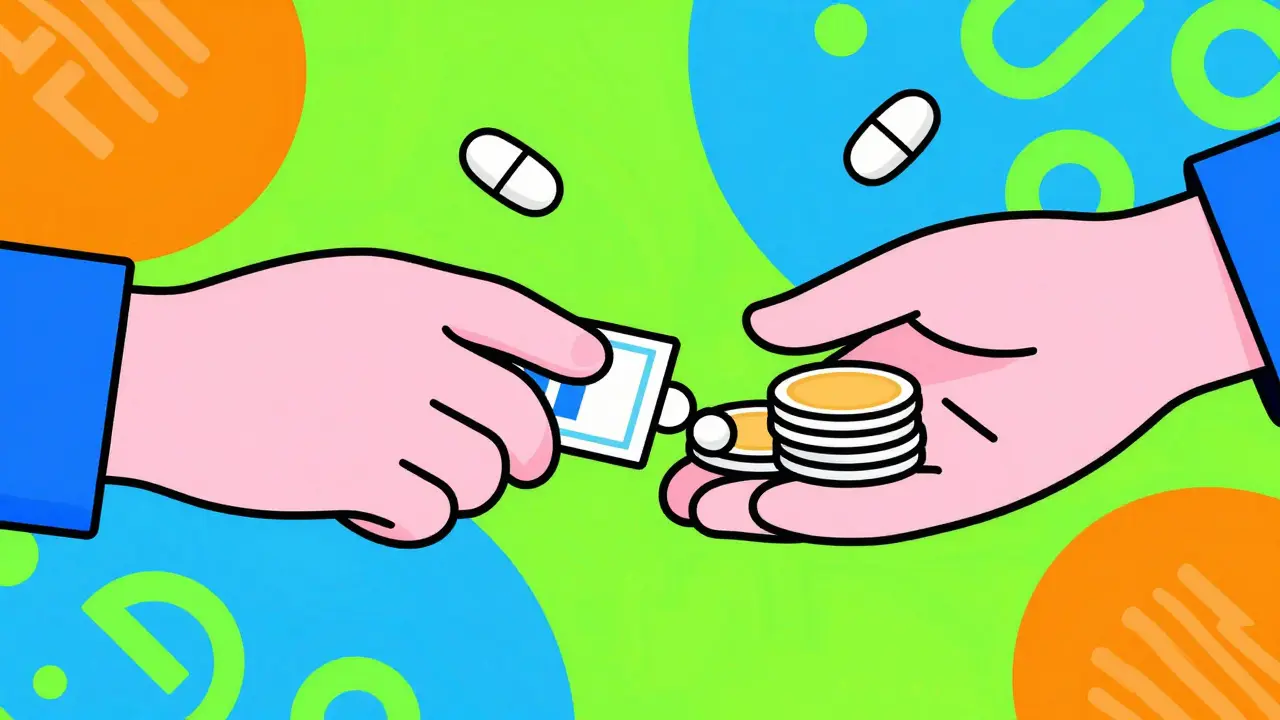 Hands exchanging pills for money in colorful retro illustration