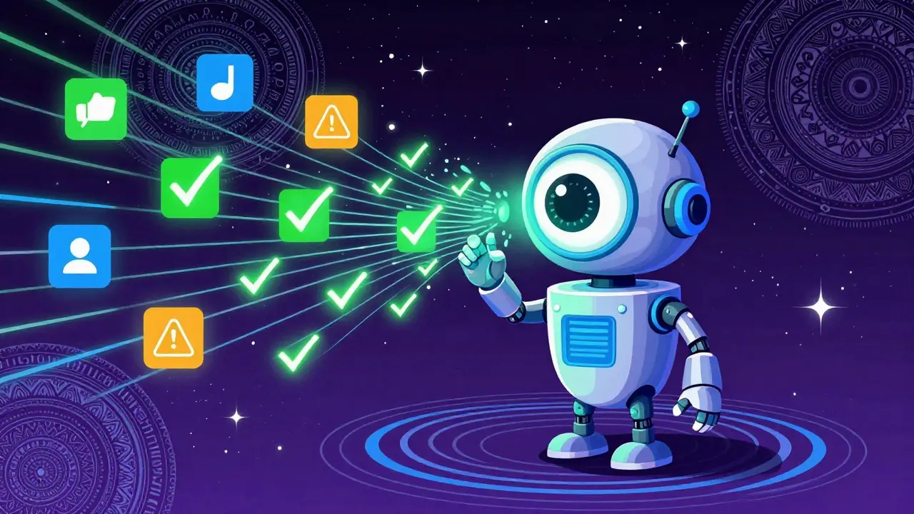 Illustration of an AI system monitoring health data streams in a colorful, patterned void.