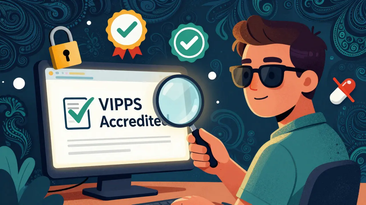 Illustration of checking pharmacy accreditation for safe online buying