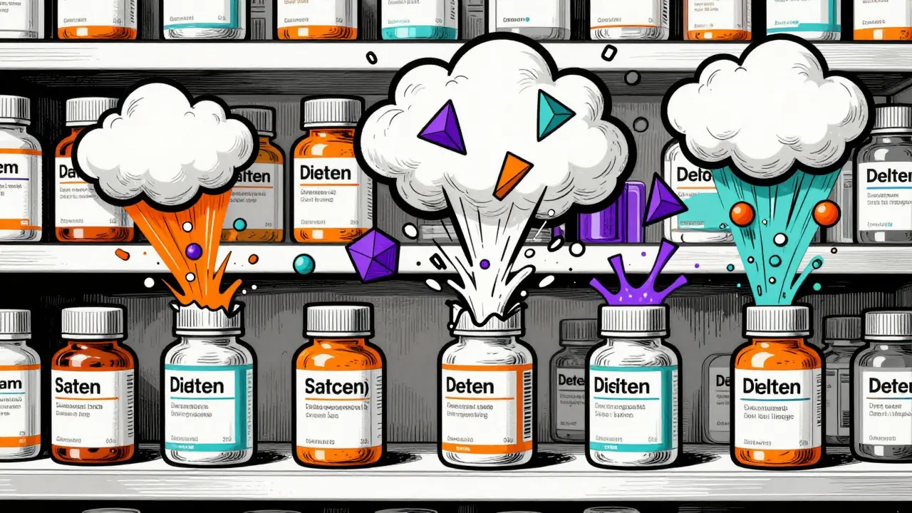 Illustration of generic pill bottles bursting with varied colorful excipients