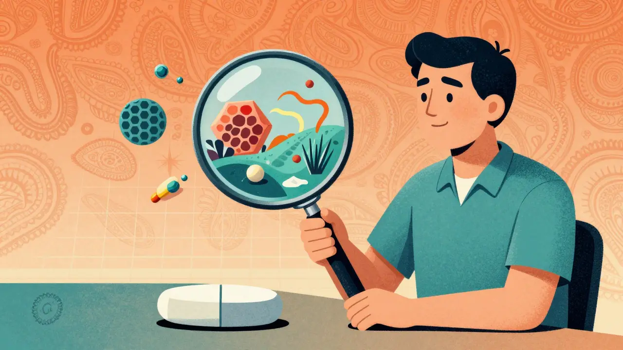Person examining a pill's hidden microscopic structure through a lens