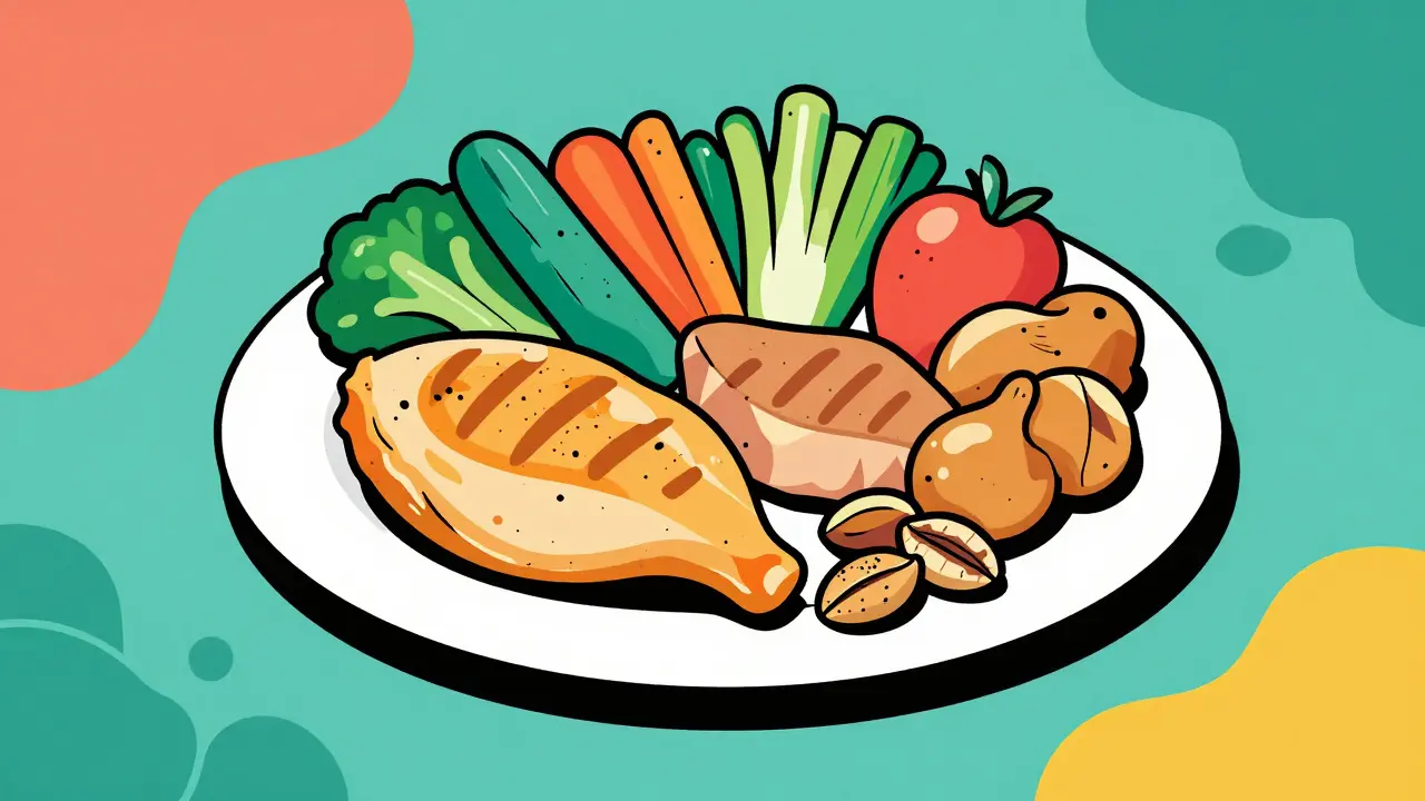 Plate of healthy protein and vegetables in vibrant cartoon style