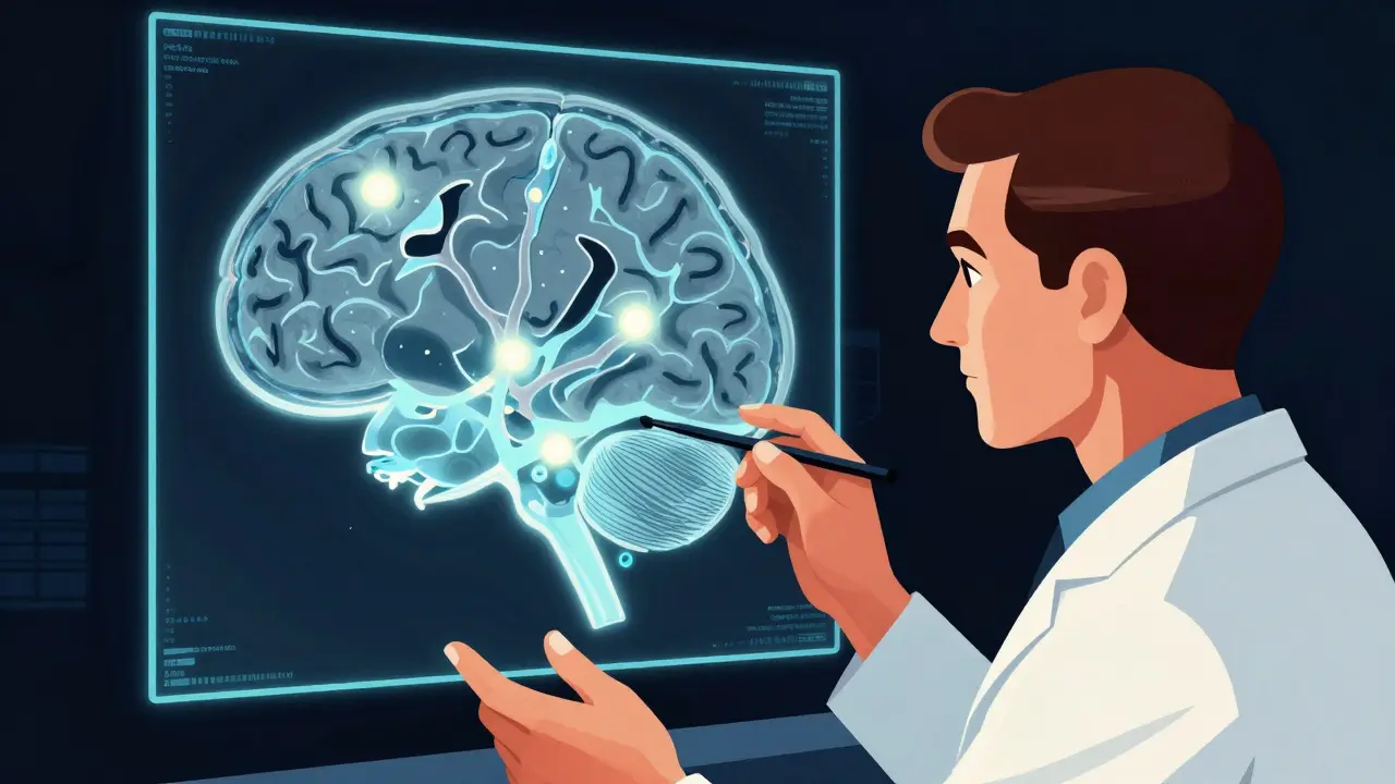 Radiologist viewing a holographic brain scan highlighting neurological findings