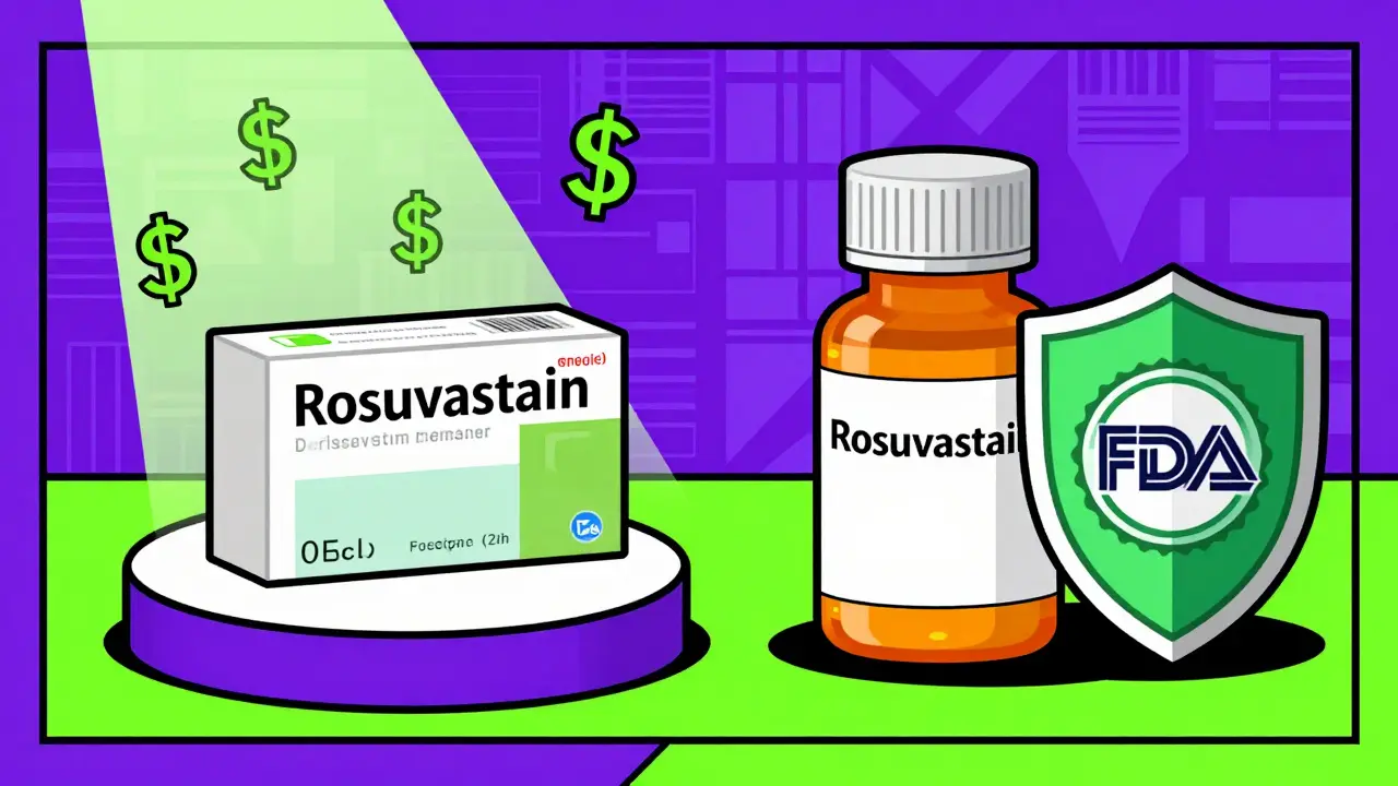 Retro art comparing expensive brand meds with affordable generic pills