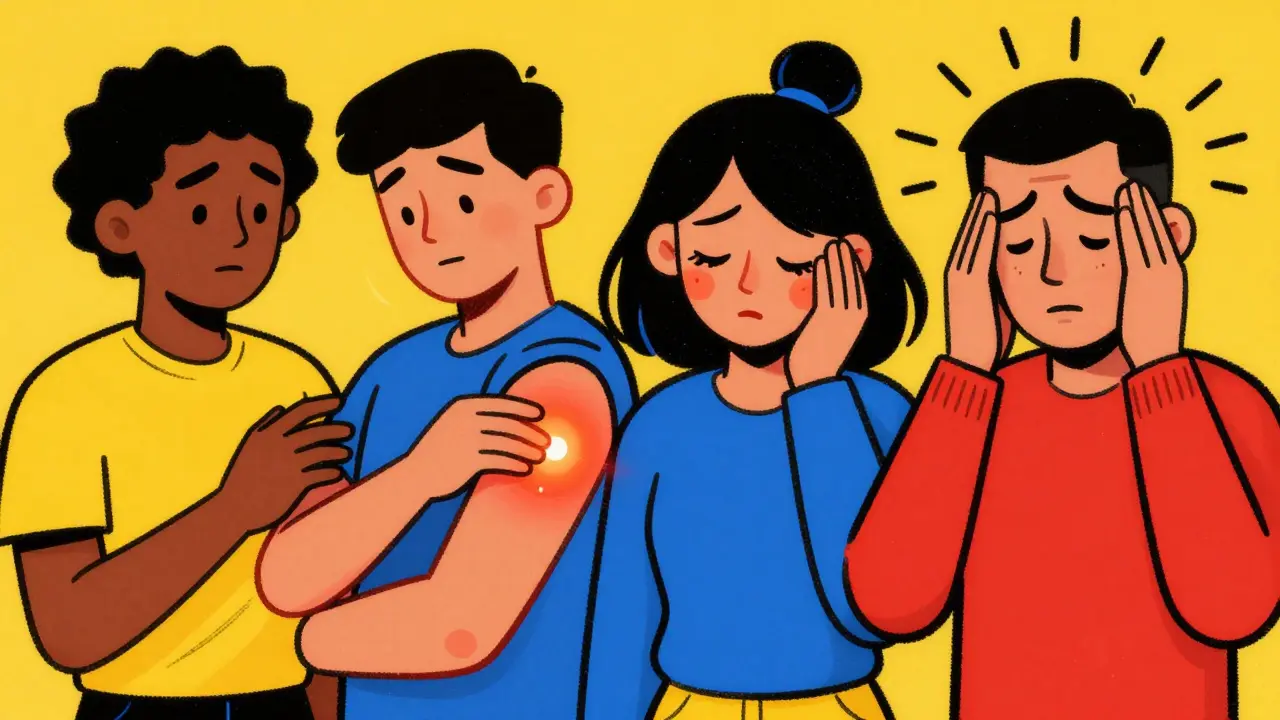 Retro cartoon characters experiencing mild vaccine side effects like fatigue and arm pain.