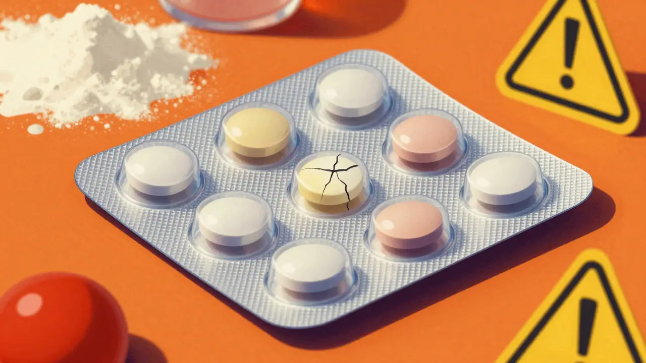 Retro illustration showing fake pills in blister pack with warning symbols