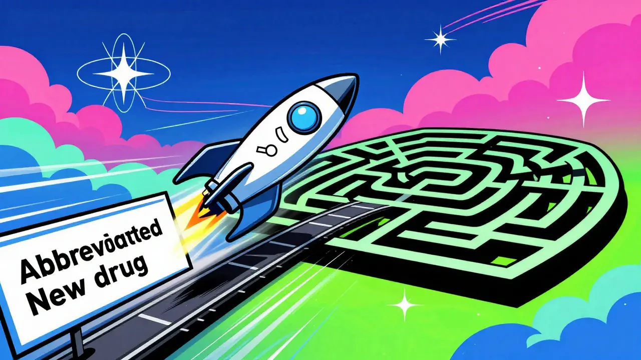 Retro rocket speeding past a maze representing fast drug approval