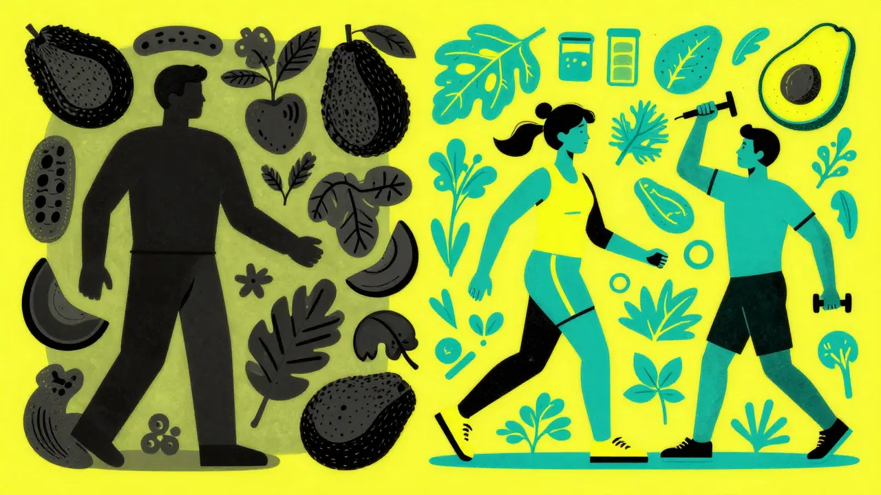 Retro-style illustration contrasting sedentary habits with active exercise and healthy food.