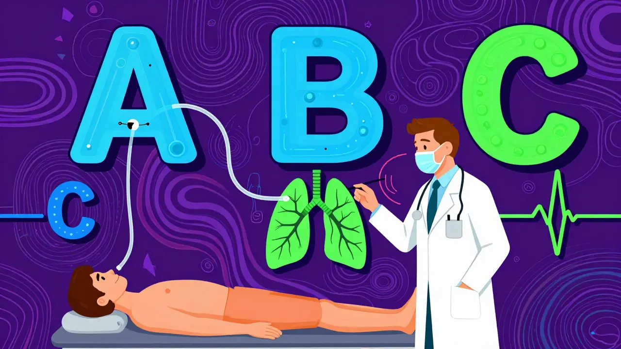 Stylized art showing medical ABCDE protocol with floating letters
