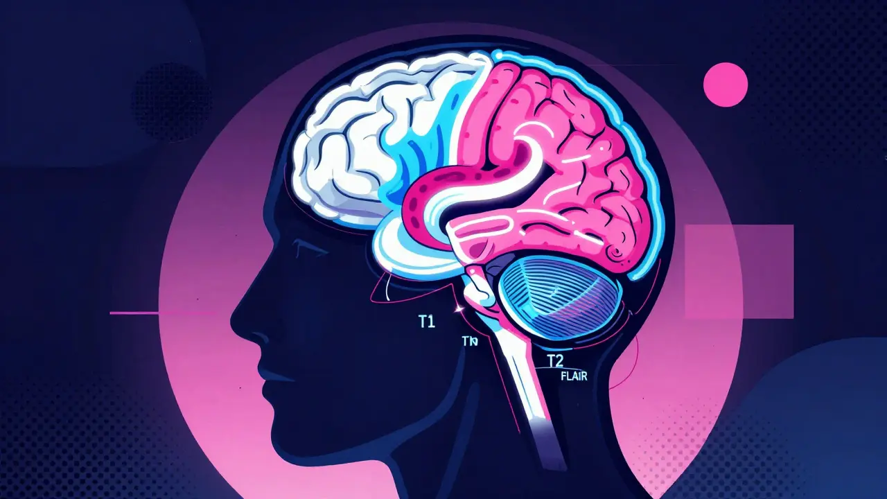 Stylized brain cross-section showing different MRI sequences in neon colors