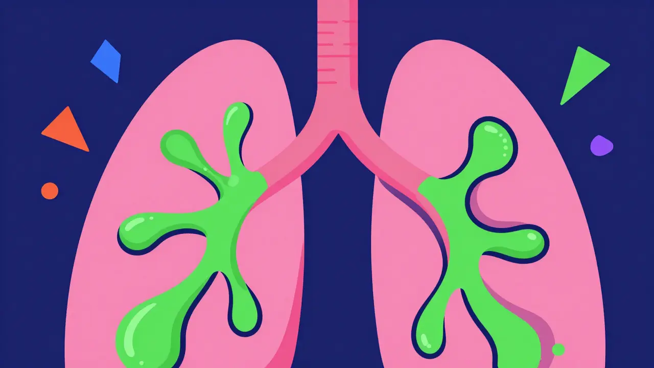 Stylized illustration of lungs clogged with green mucus and inflammation