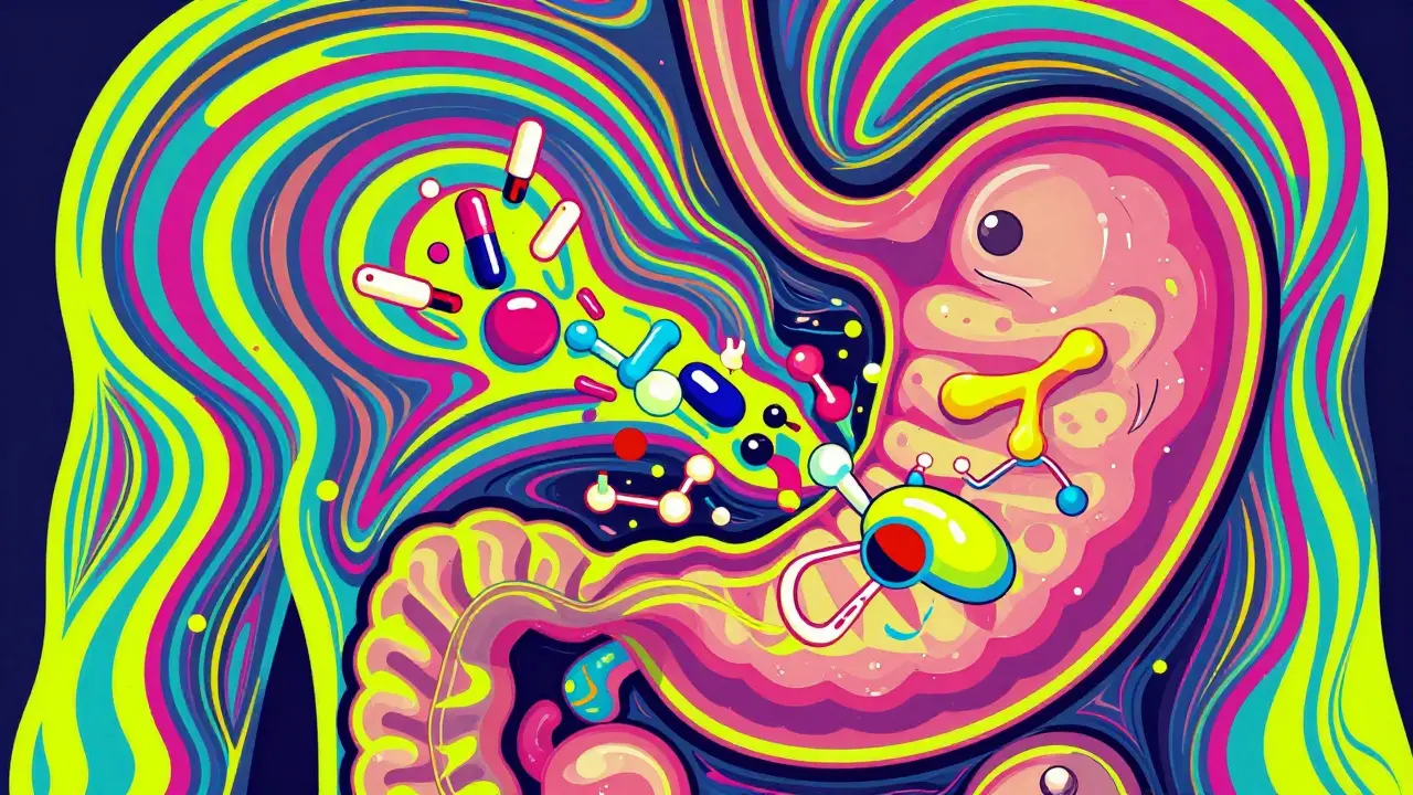 Trippy art depicting internal stomach reactions from medication combinations