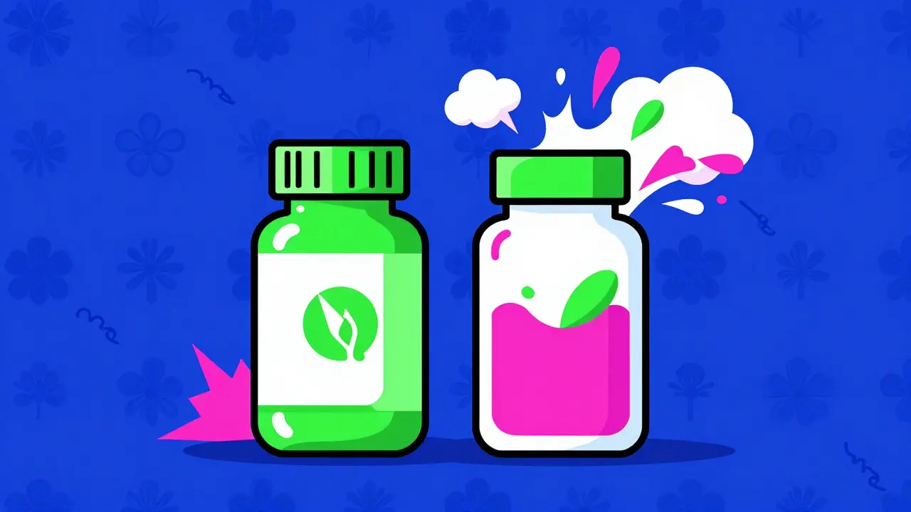 Two pill bottles contrasting brand vs generic excipient contents