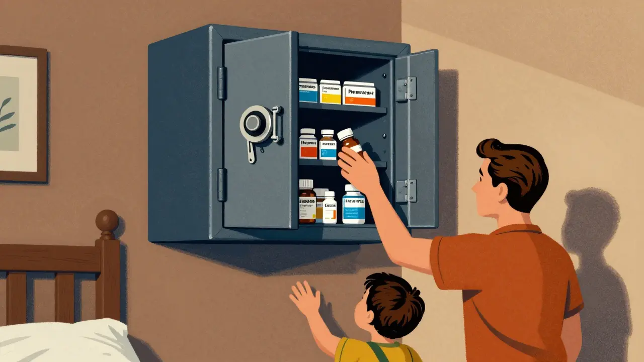 Vintage style art of locked medicine safe on wall for home safety