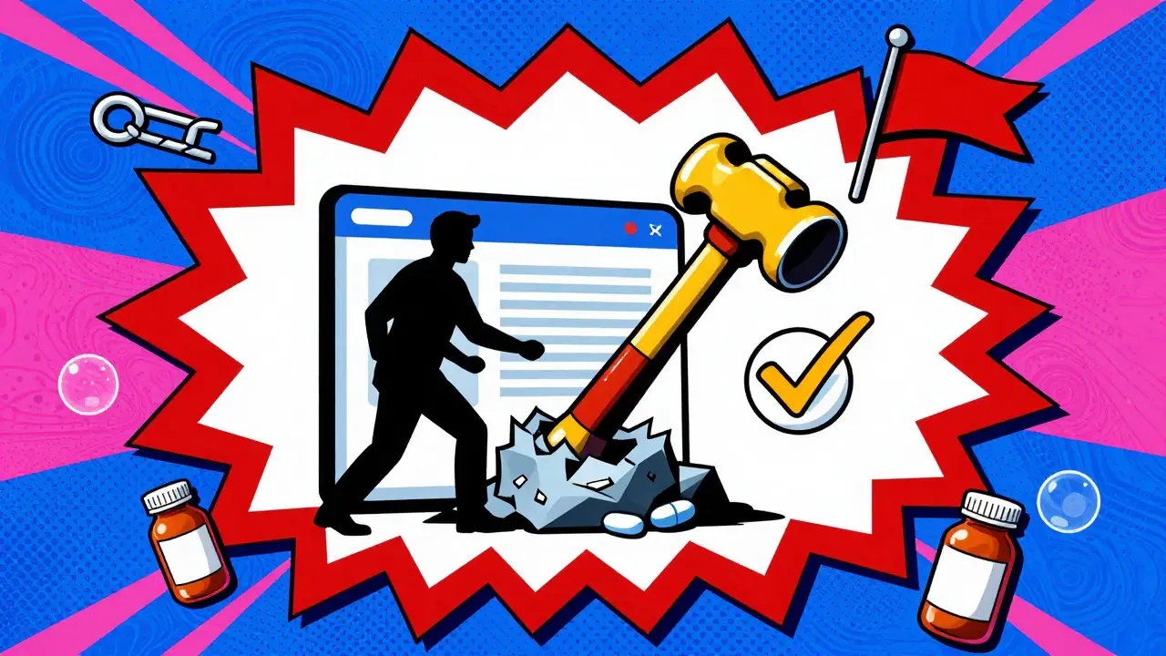 Bold illustration warning against fake pharmacies and online medication scams