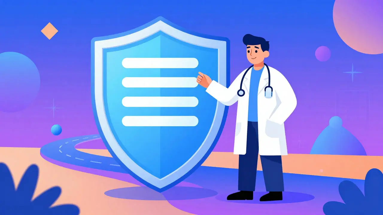Doctor and shield symbolizing safe prescription process in psychedelic art style