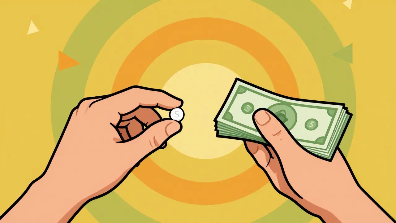 Hands comparing savings with generic pill in retro style