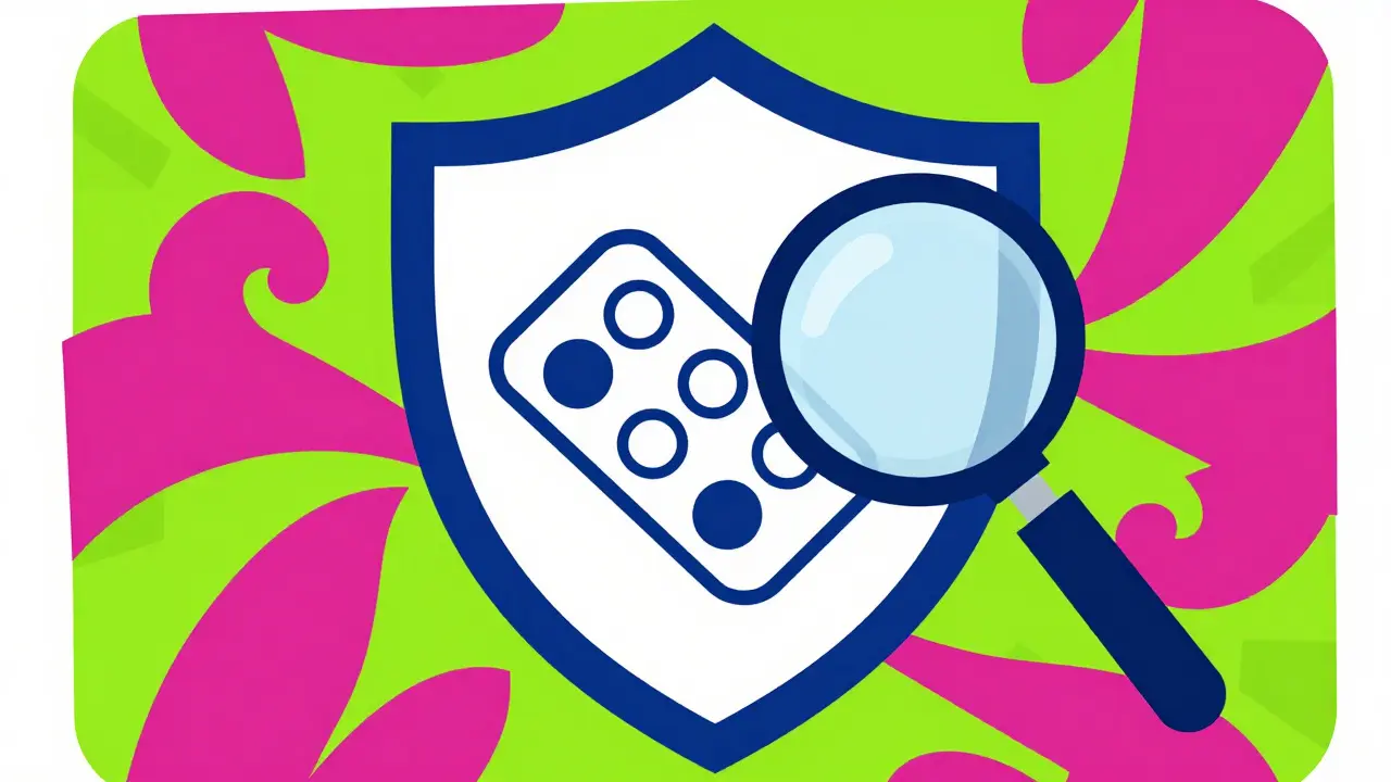 Retro illustration of a shield protecting pills, symbolizing safe online pharmacy practices