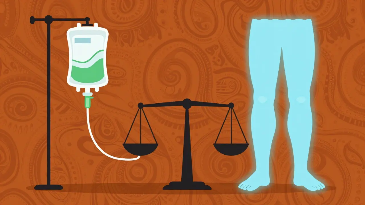 Retro poster art balancing antibiotic treatment and muscle health, Wes Wilson style